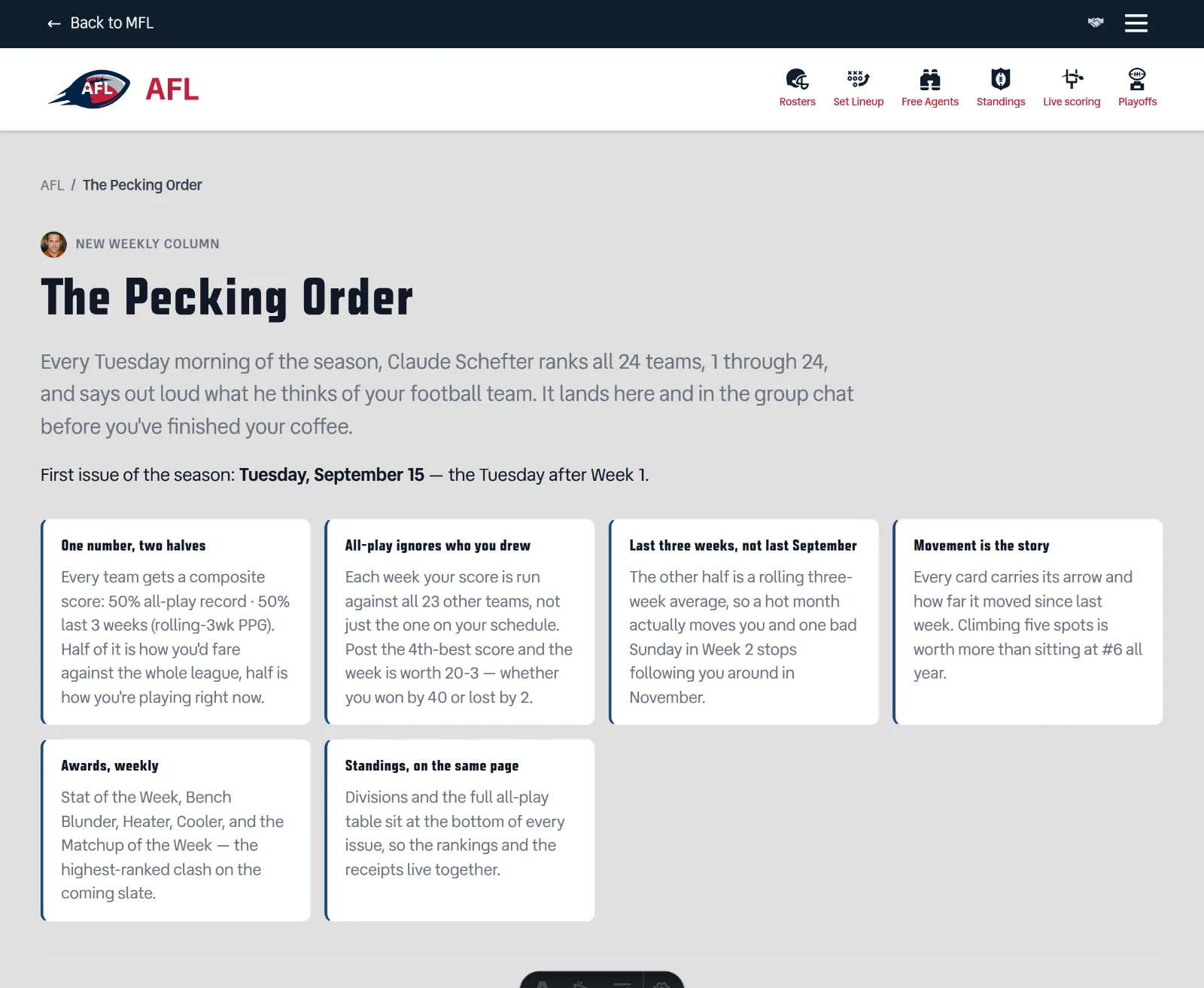 The AFL Pecking Order landing page in its preseason state: a 'New weekly column' eyebrow above the title, a lede explaining the Tuesday-morning column, the date of the first issue, and six cards covering the formula, the awards and the standings snapshot.