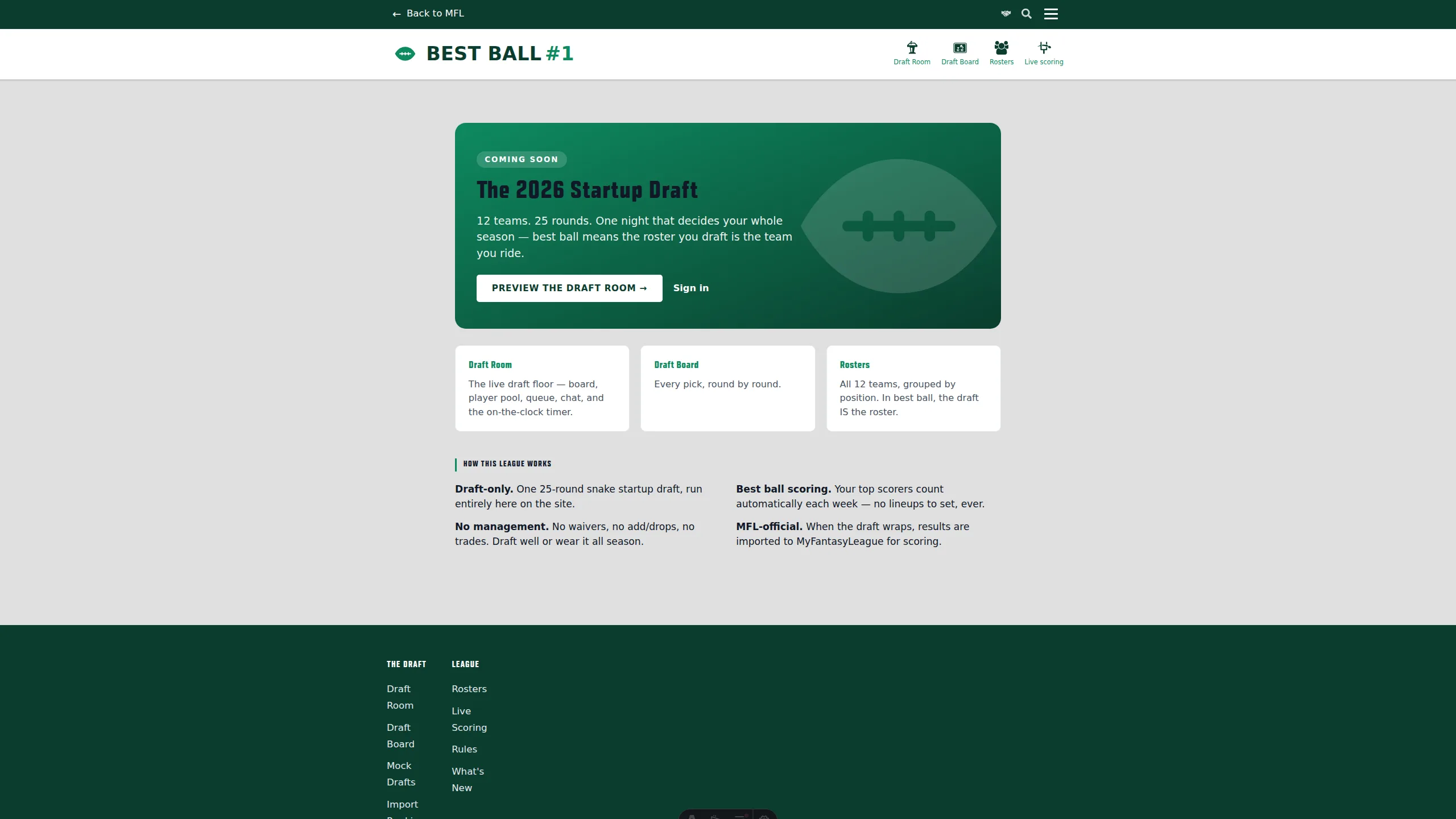 The Best Ball #1 league home: emerald hero announcing the 2026 startup draft with cards for the Draft Room, Draft Board, and Rosters.