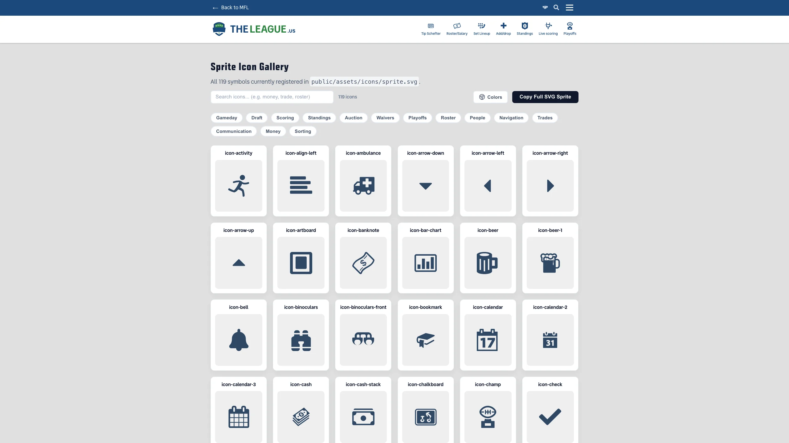 Navigation drawer showcasing custom-designed SVG football icons for each page