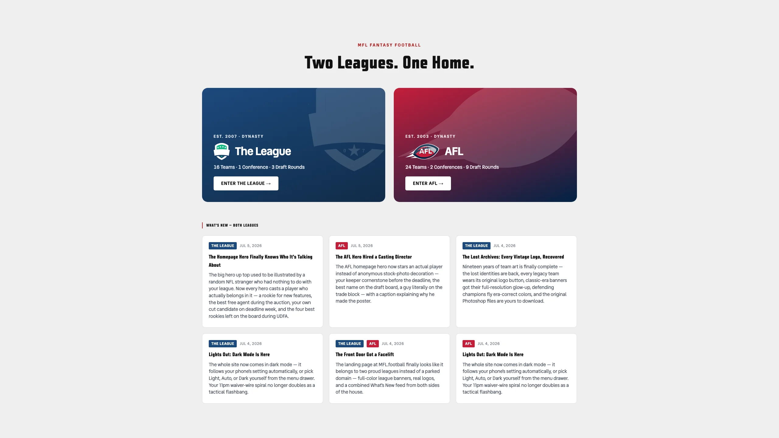 The League homepage rendered in dark mode: charcoal cards with bright blue accents, dark roster planning hero, and the Schefter Report feed on dark surfaces.