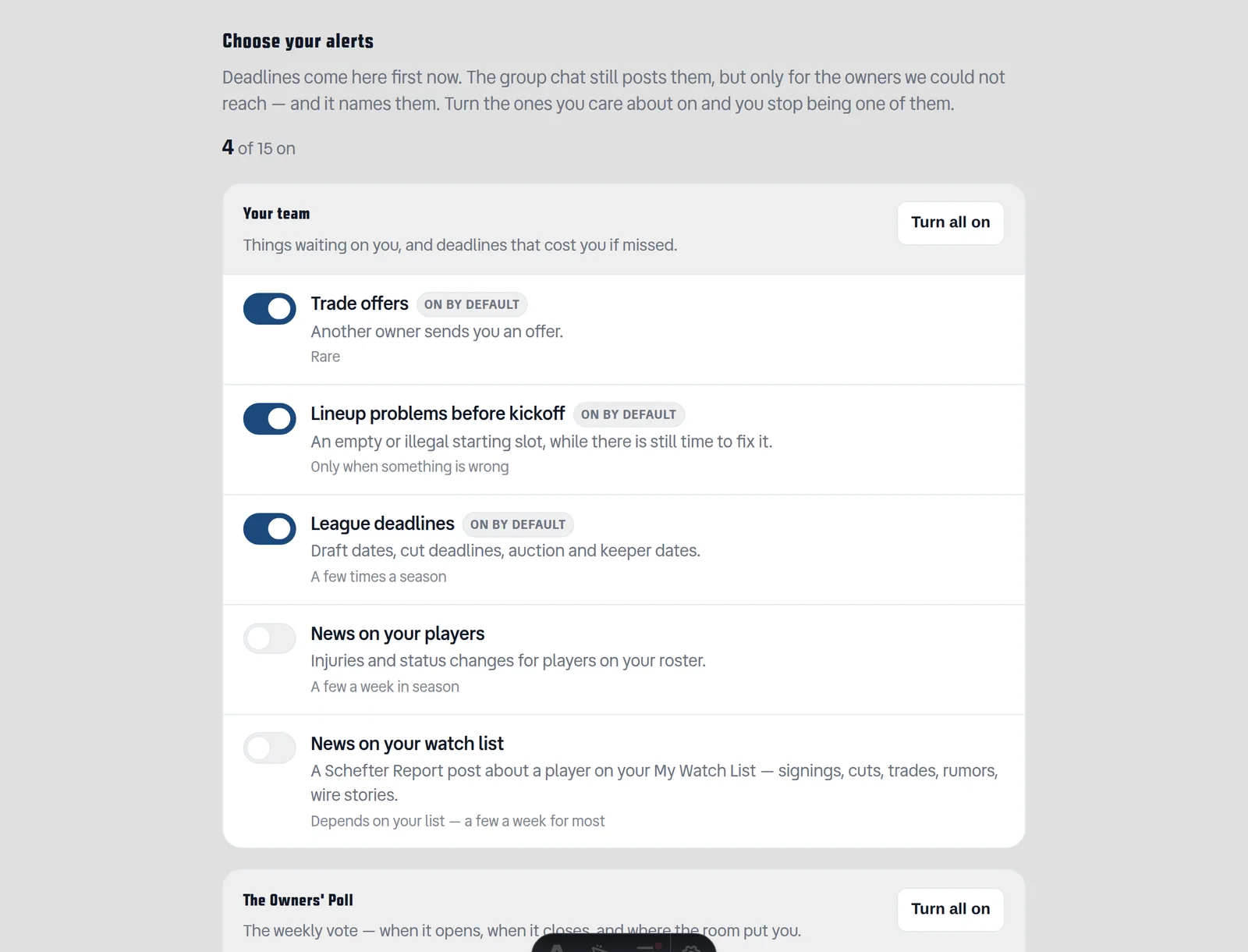 The Notifications page, Choose your alerts section. The subtitle reads “Deadlines come here first now. The group chat still posts them, but only for the owners we could not reach — and it names them.” Below it the “Your team” group shows Trade offers, Lineup problems before kickoff, and League deadlines, all toggled on and tagged ON BY DEFAULT.