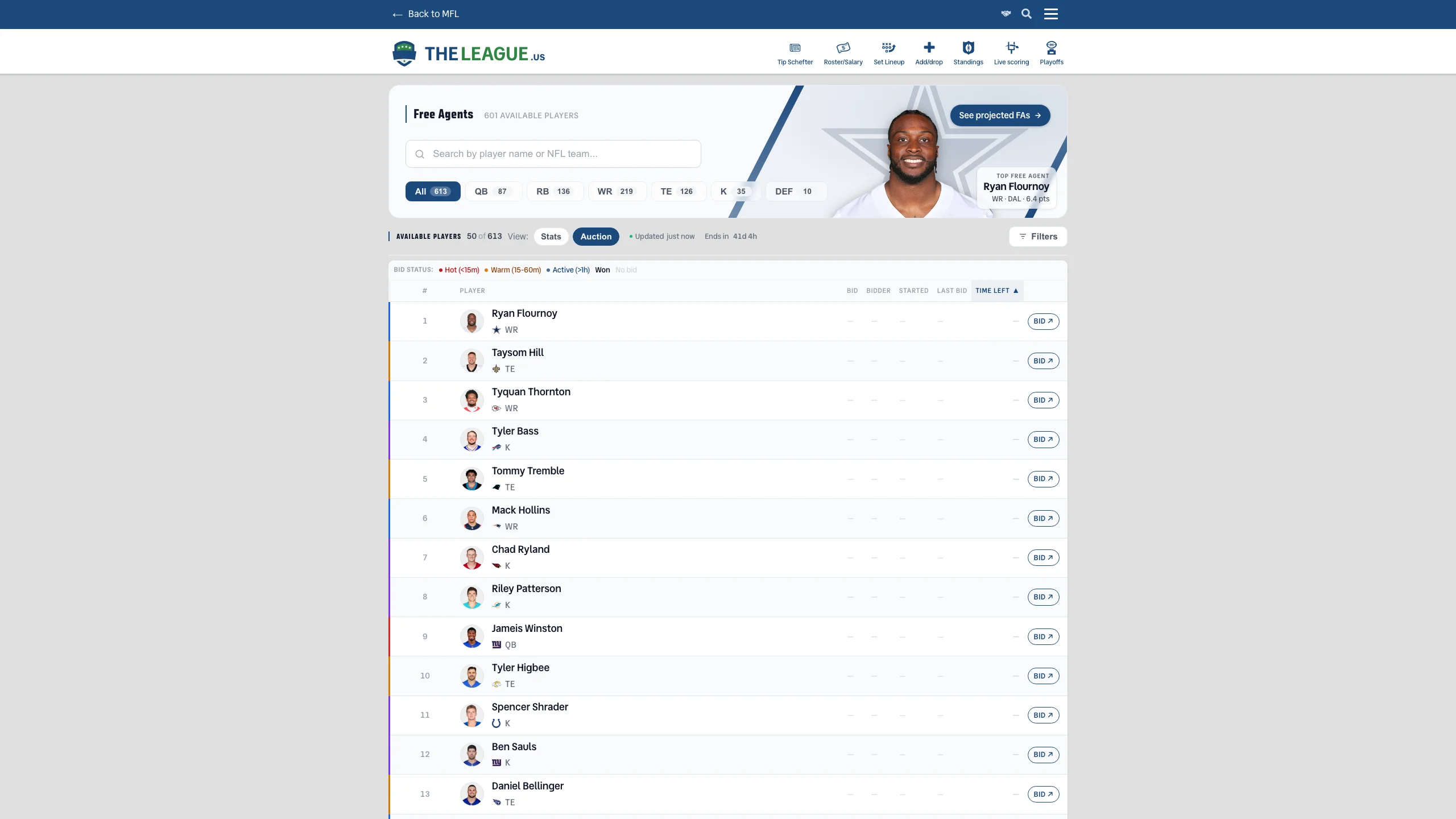 Redesigned Free Agents page with broadcast-style diagonal photo hero, editorial position filters, and sortable stats table showing top available players