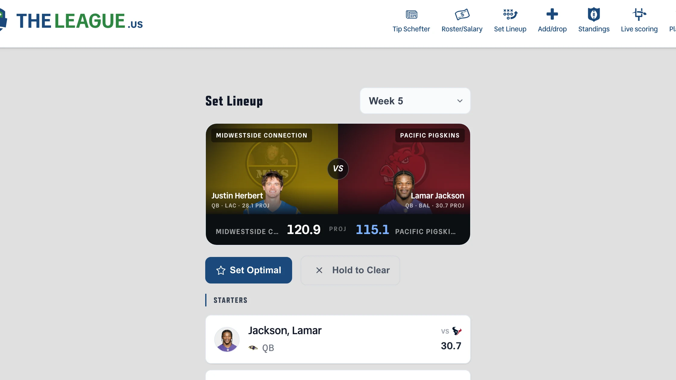 The League lineup page with a player-of-the-game faceoff at the top: Justin Herbert over Midwestside Connection's gold-and-crest panel facing Lamar Jackson over Pacific Pigskins' red panel, with a live projected-points scoreboard reading 120.9 versus a blue-highlighted 115.1 beneath them.