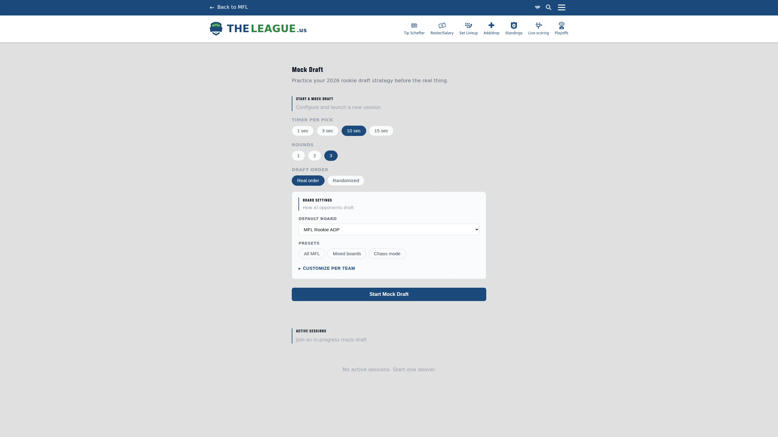 The Mock Draft lobby — Start a Mock Draft form with timer chips (1, 3, 10, 15 sec), round selector, draft order toggle, and a Board Settings card showing the per-team ranking source list. The Pigskins row is highlighted with a YOU badge and defaults to My Rank; every other team is set to Default.
