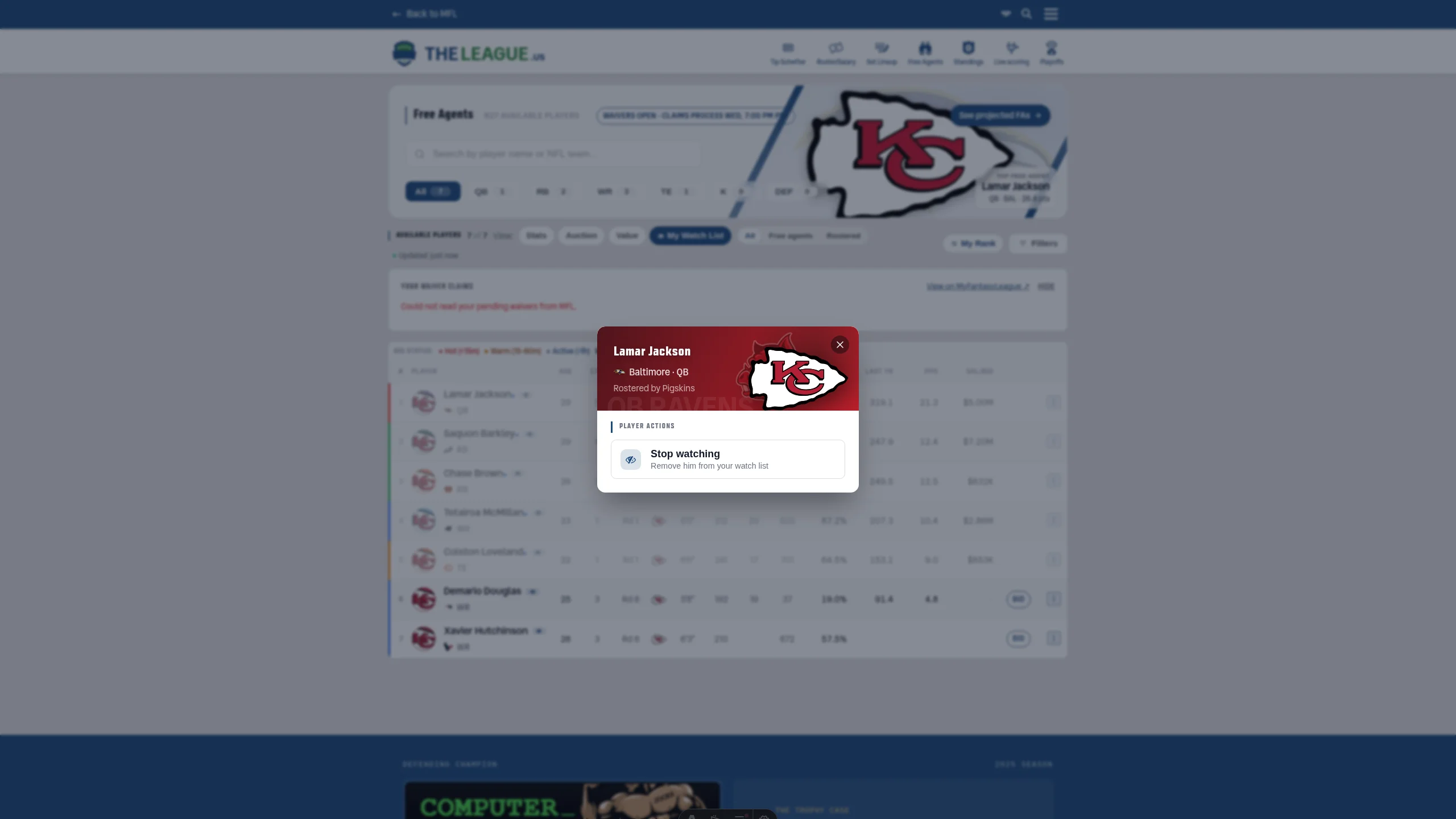 The free agents page in the My Watch List view, with the player action sheet open on a watched player showing the Stop watching option