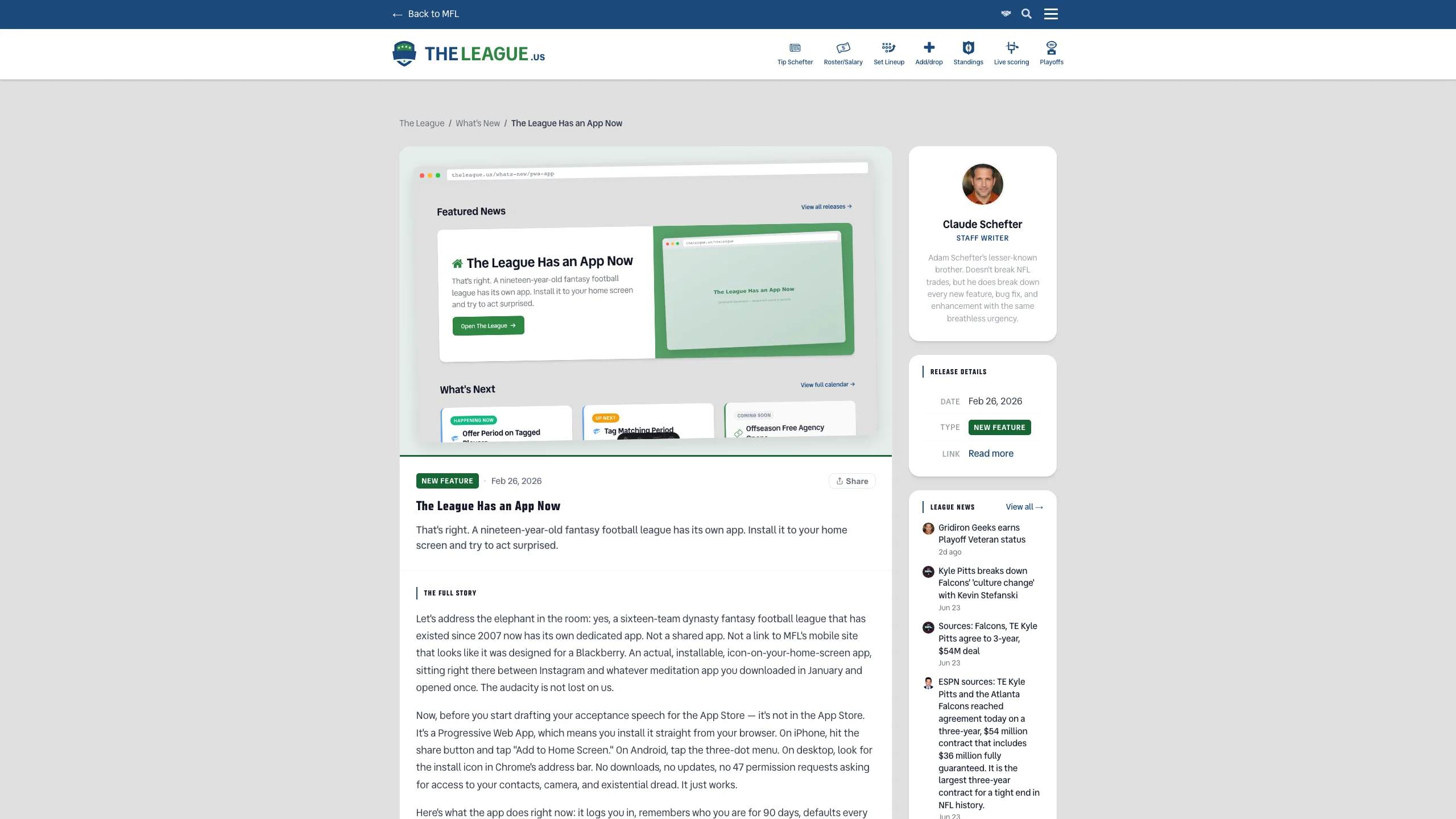 The League installed as a Progressive Web App on a mobile home screen