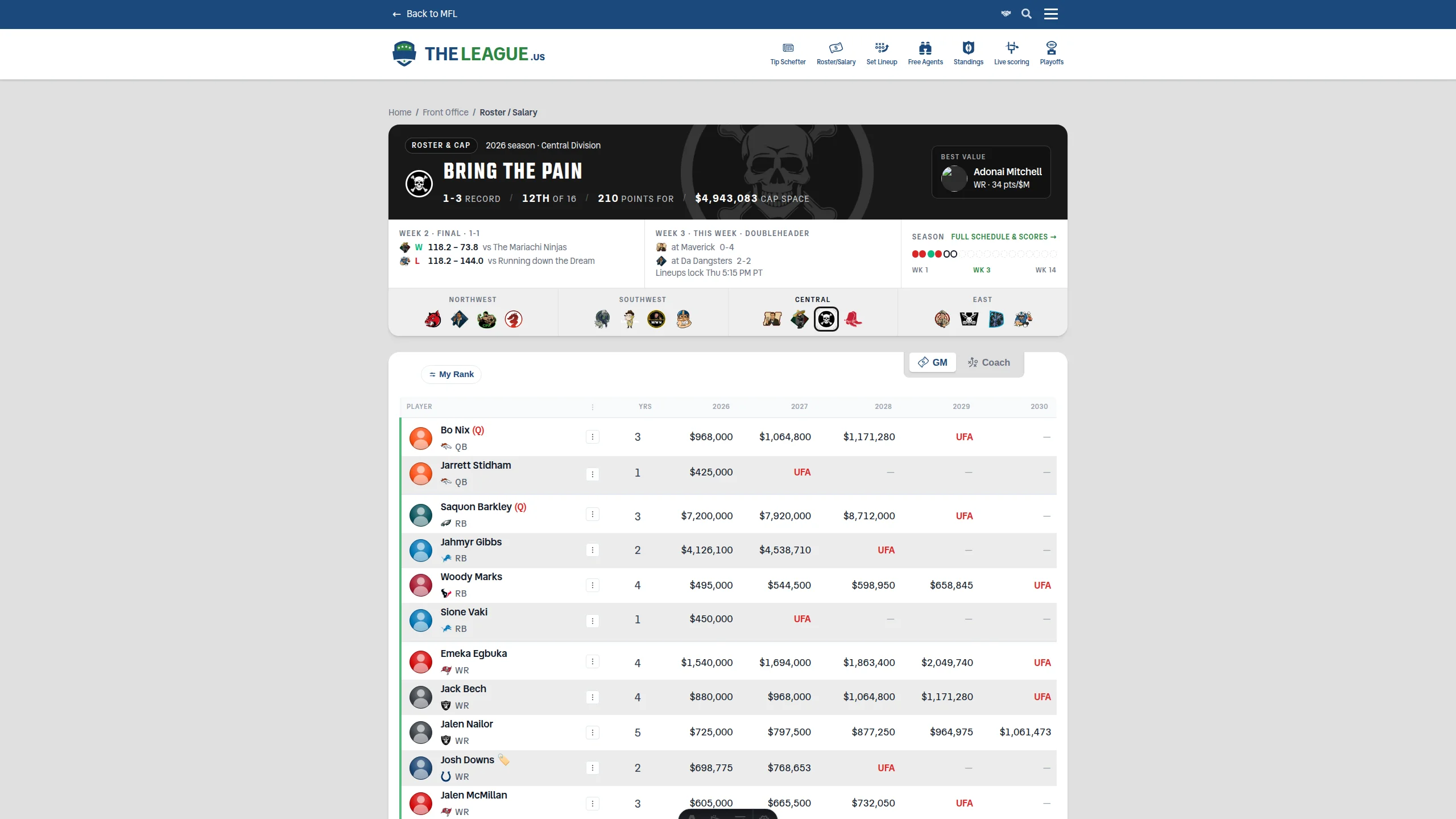 TheLeague's roster page with the new header: the club nameplate in its own colour, last result and next game, the season rail, and every club's crest in a row below