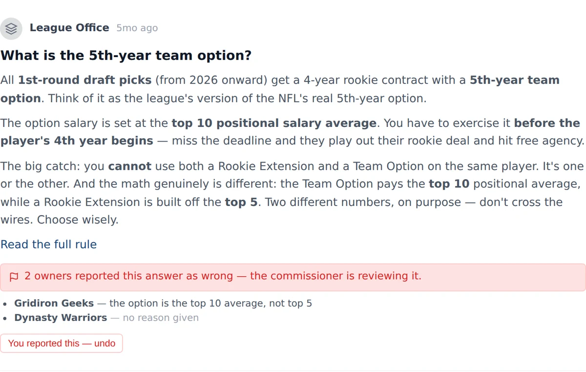 An Ask Roger card about the 5th-year team option showing a red banner reading “2 owners reported this answer as wrong — the commissioner is reviewing it”, the list of reporting teams and their reasons, and a “You reported this — undo” button.