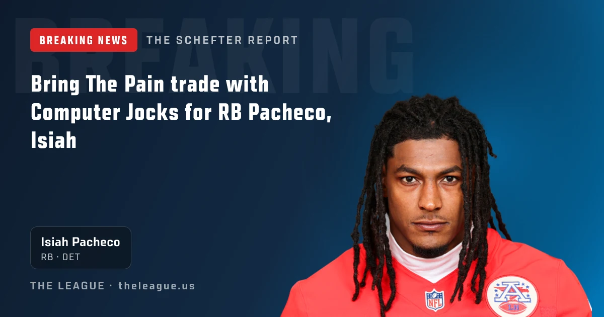 A Schefter link-preview card: red BREAKING NEWS badge and The Schefter Report masthead above a trade headline, with Isiah Pacheco's cutout headshot over a dark team-color gradient and a name chip reading Isiah Pacheco, RB, DET.