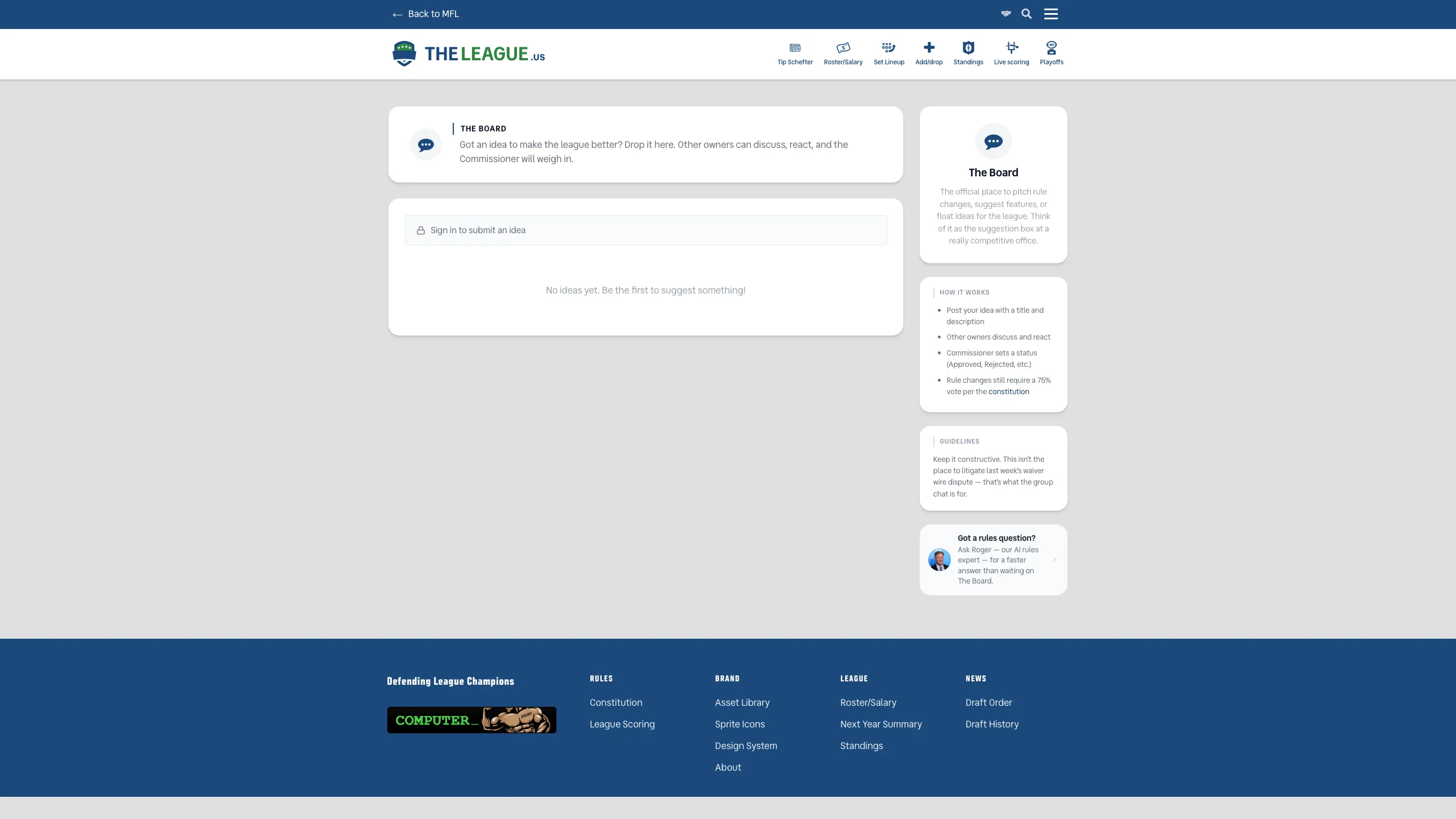 The Board page showing league discussion posts with emoji reactions and comment counts, category filter pills, and a sidebar with posting guidelines and an Ask Roger promo