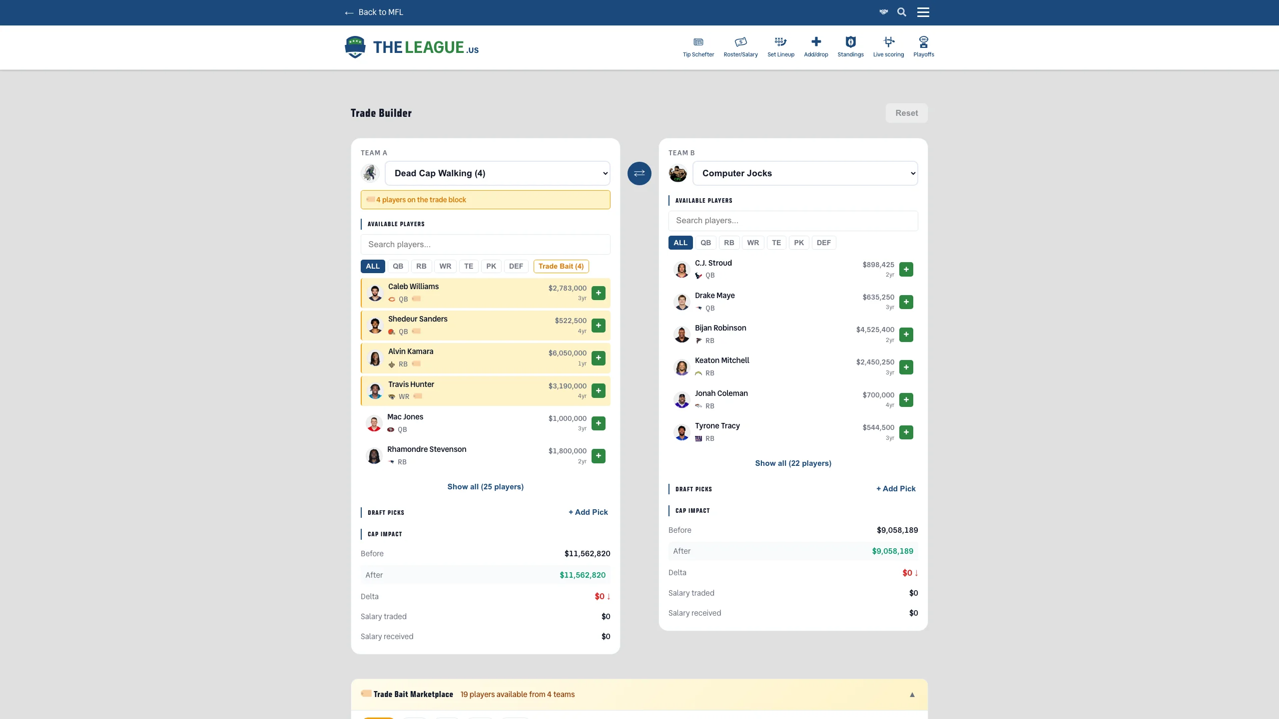 Trade Builder page showing the Trade Bait Marketplace with available players