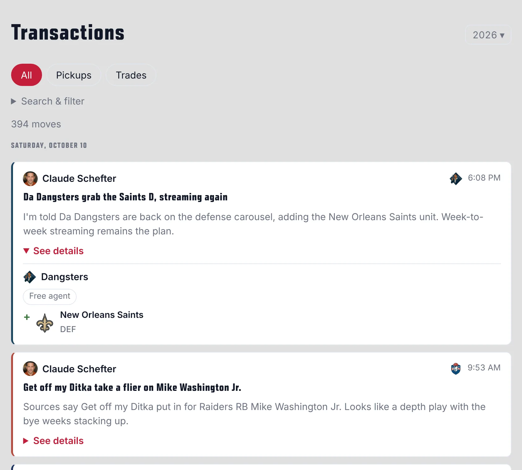 The Transactions page showing Schefter's write-ups of the day's pickups, one opened to show the official record