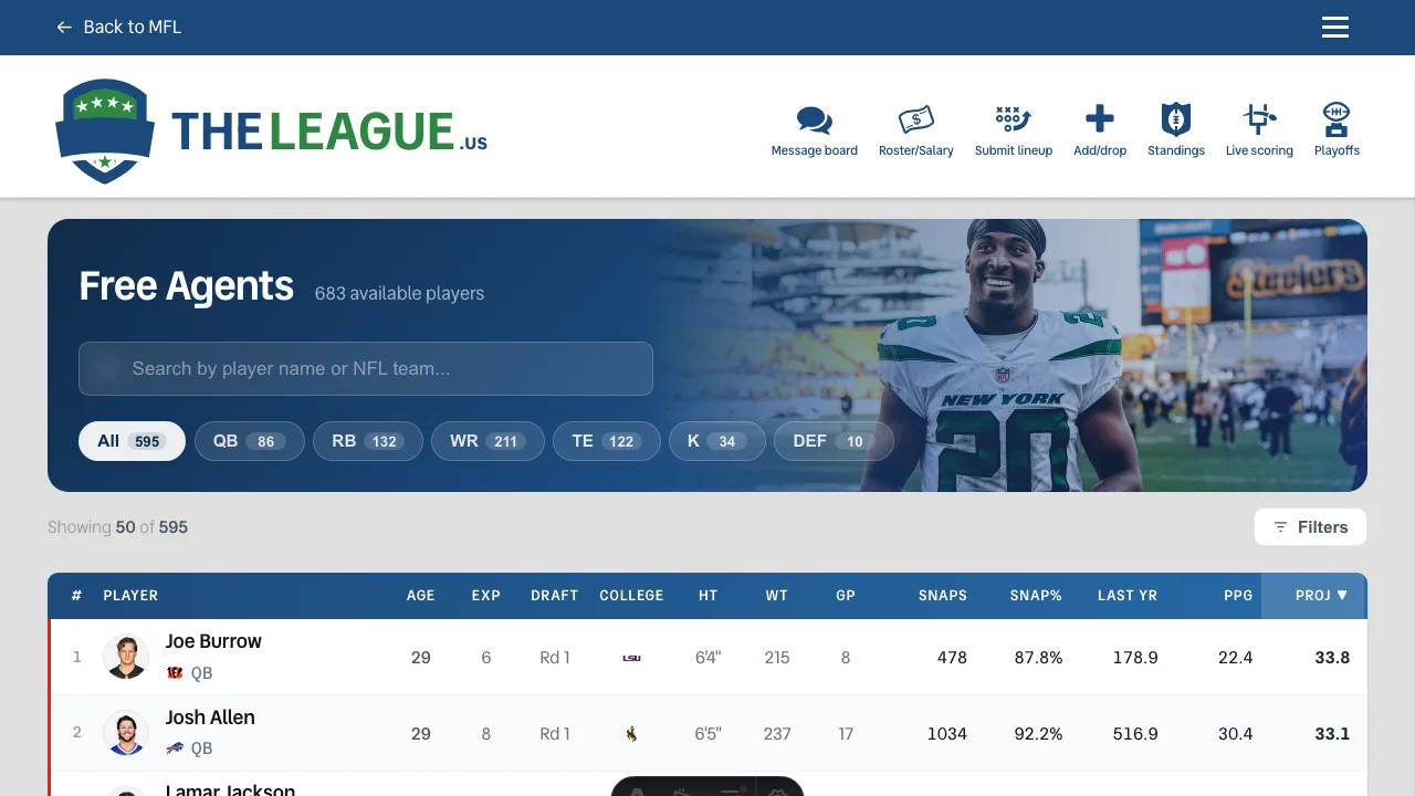 Free Agents page showing defense player avatars, ranking color badges, and table header gradient styling