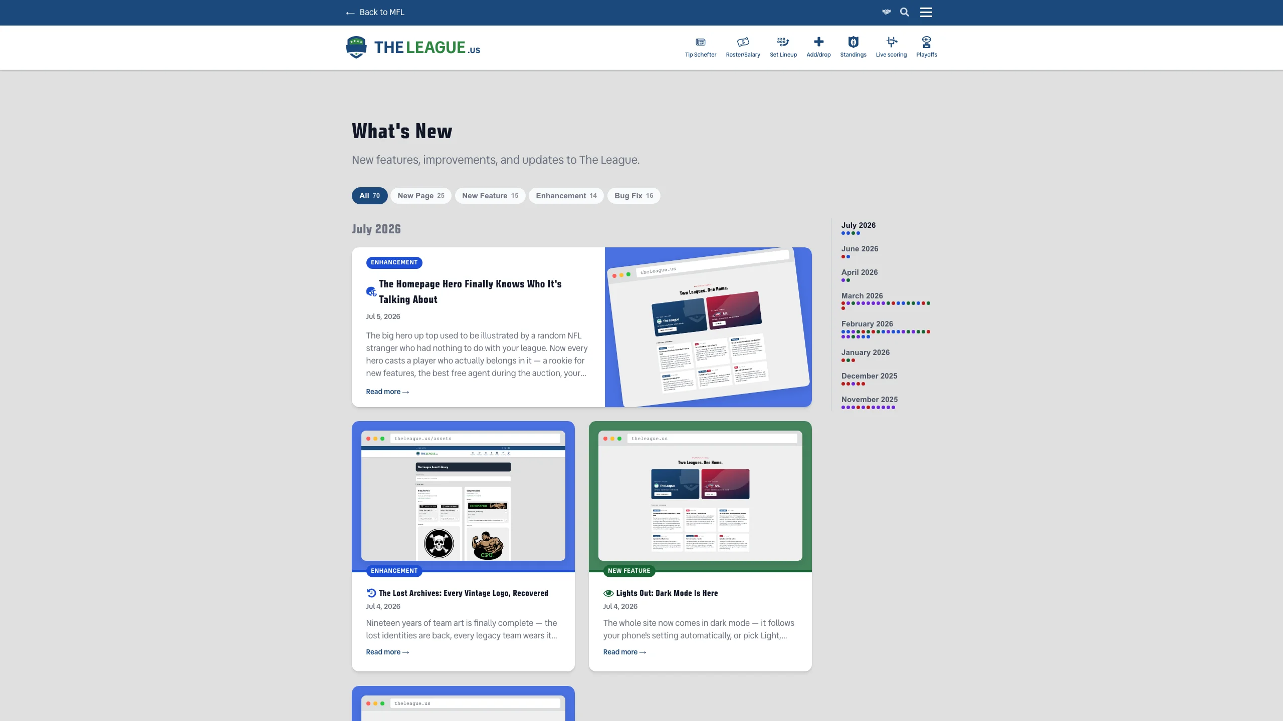 What's New changelog page showing feature entries with dates and category badges